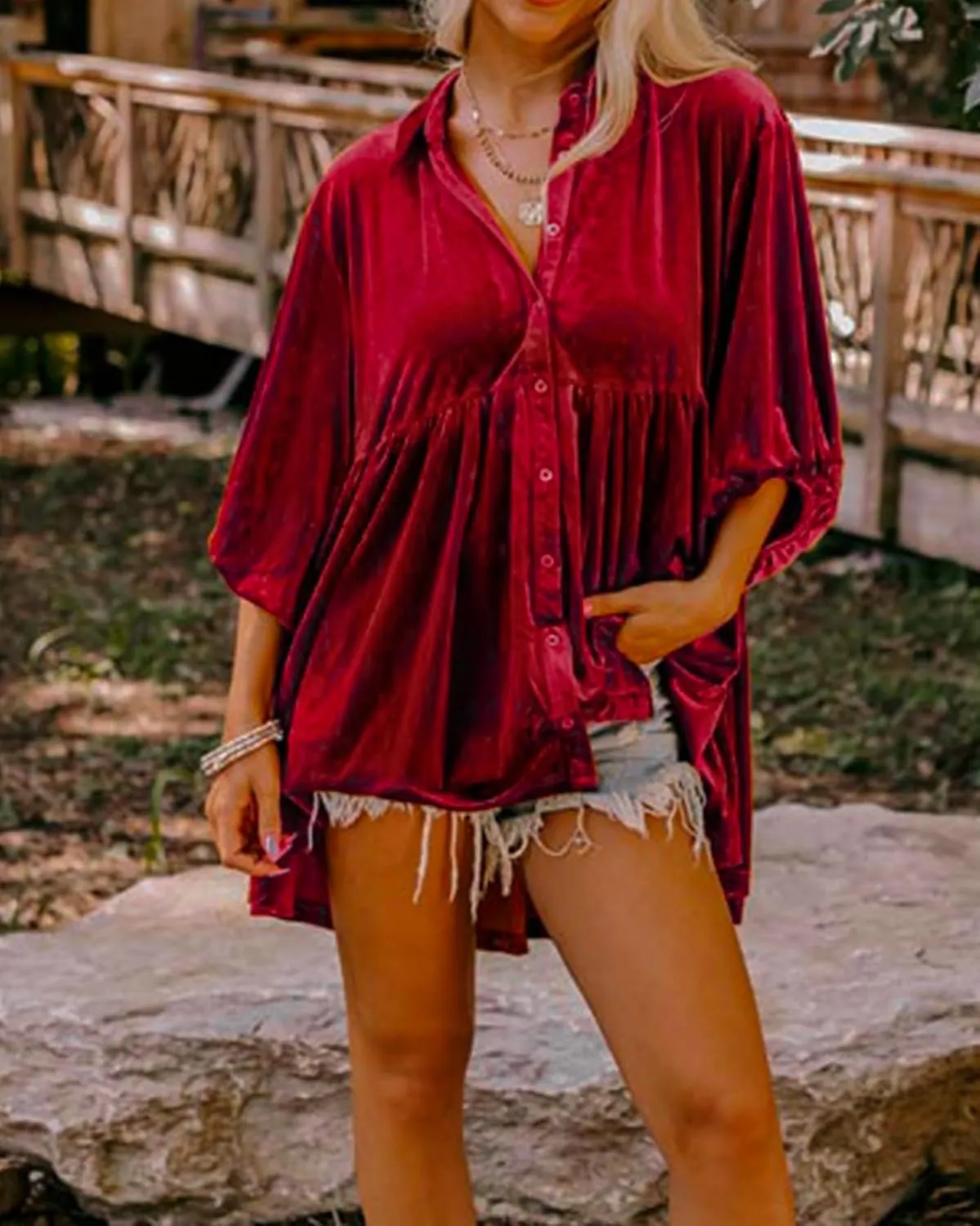 Womens Velvet Dress Button Down T Shirt 3/4 Sleeve Tunic Dresses Casual Babydoll Mini Dress