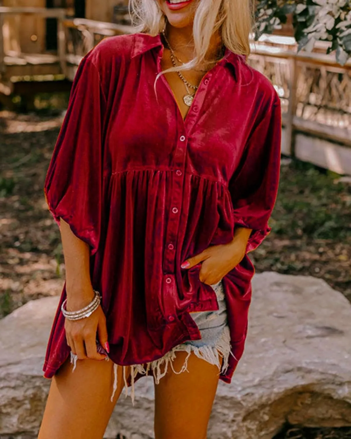 Womens Velvet Dress Button Down T Shirt 3/4 Sleeve Tunic Dresses Casual Babydoll Mini Dress