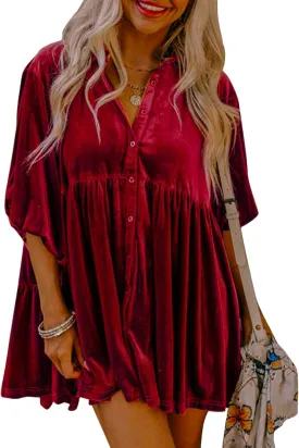Womens Velvet Dress Button Down T Shirt 3/4 Sleeve Tunic Dresses Casual Babydoll Mini Dress