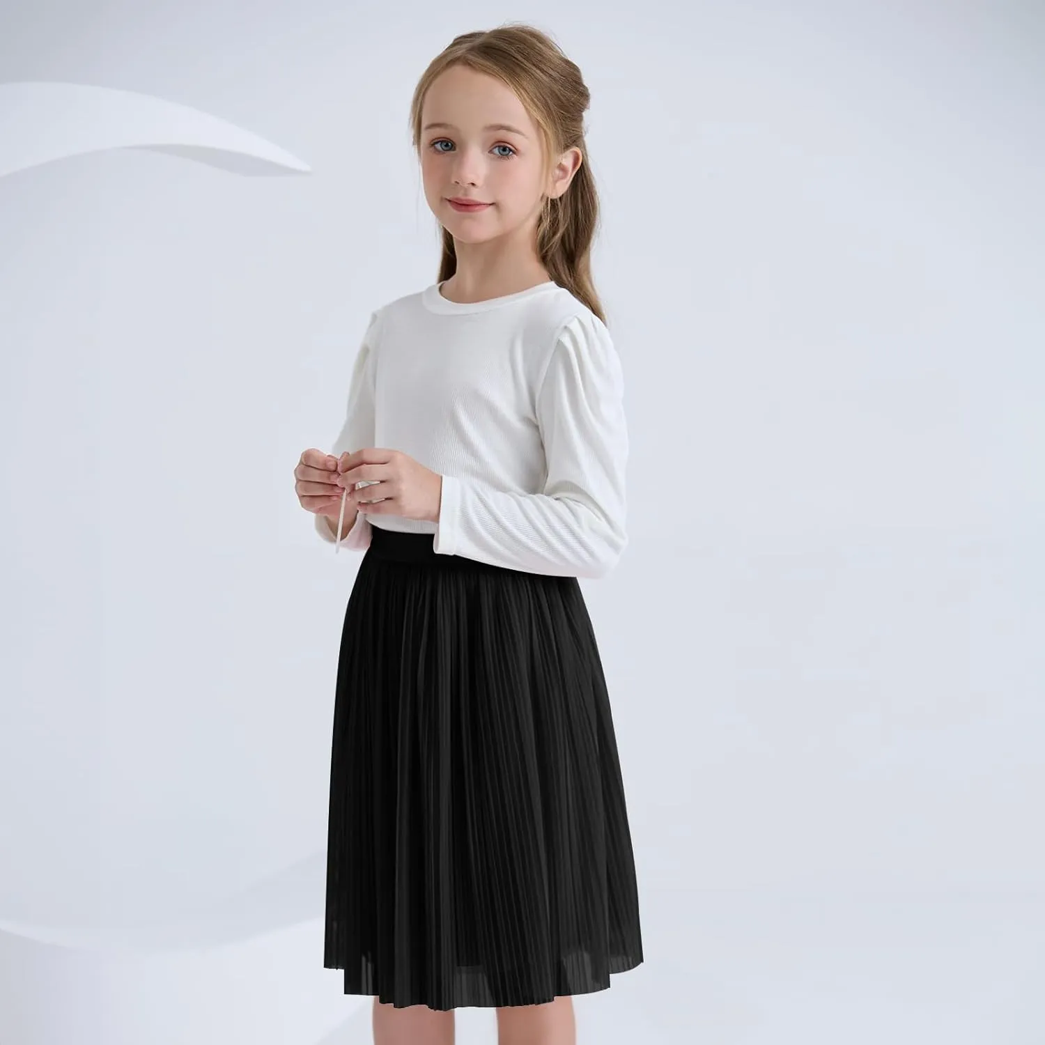 ZUNW Girls Mesh Pleated Skirt Elastic High Waist A-Line Swing Tulle Midi Skirt for Girl 6-14 Years